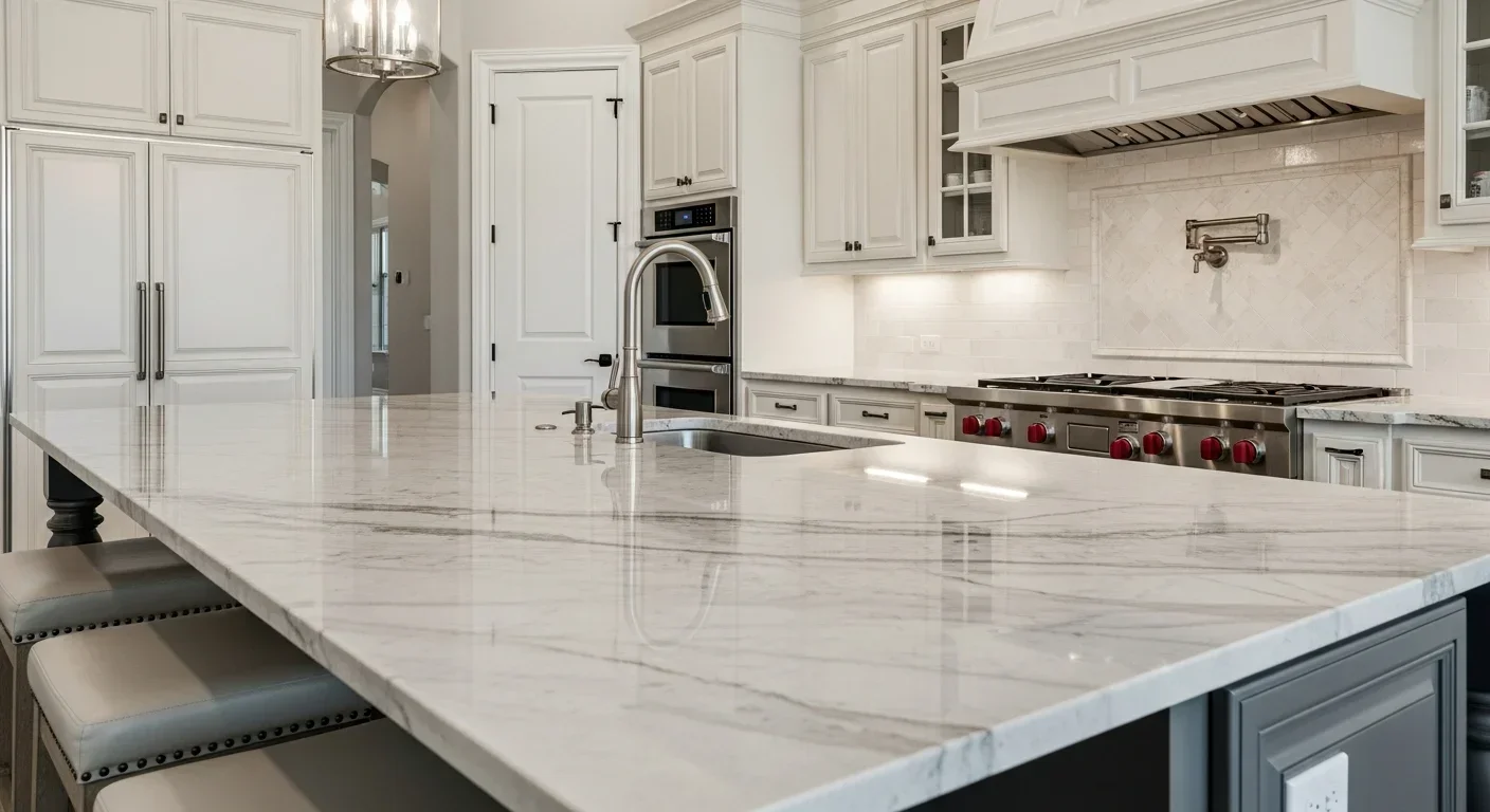 Luxury white kitchen with a large stone island, custom cabinetry and professional range