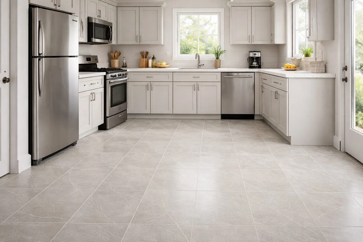 Modern kitchen with white cabinets, stainless steel appliances, gray tiled floor, and large windows letting in natural light.
