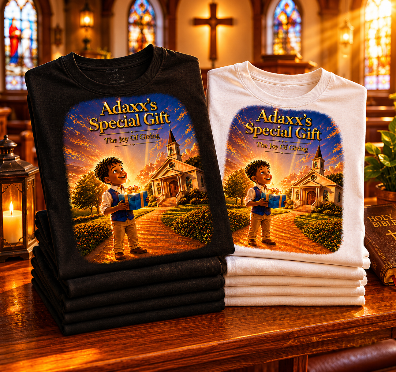 Stacked black and white T-shirts featuring a church, a boy holding a gift, and the text 'Adaxx's Special Gift: The Joy of Giving,' displayed in a church with stained glass windows and a wooden table.