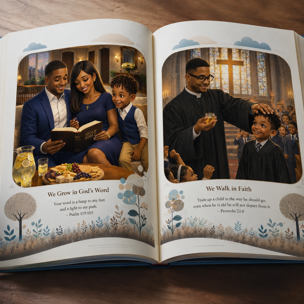 Open Bible with two pages, each featuring a different scene. The left page shows a family reading the Bible together in a cozy living room, with a woman, a man, and a young boy smiling and looking at the Bible. There are drinks and snacks on the table in front of them. The right page shows a boy in a church, dressed in a black robe, being blessed by a pastor or priest in front of a church congregation, with stained glass windows and a cross behind them.
