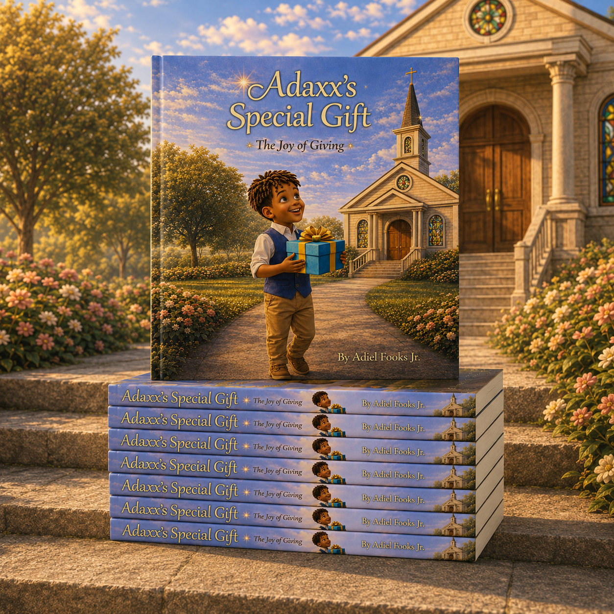 Stack of books titled "Adaxx's Special Gift" by Adiel Fooks Jr., with a cover illustration of a young boy holding a gift box, standing in front of a church surrounded by trees and colorful flowers during sunset.
