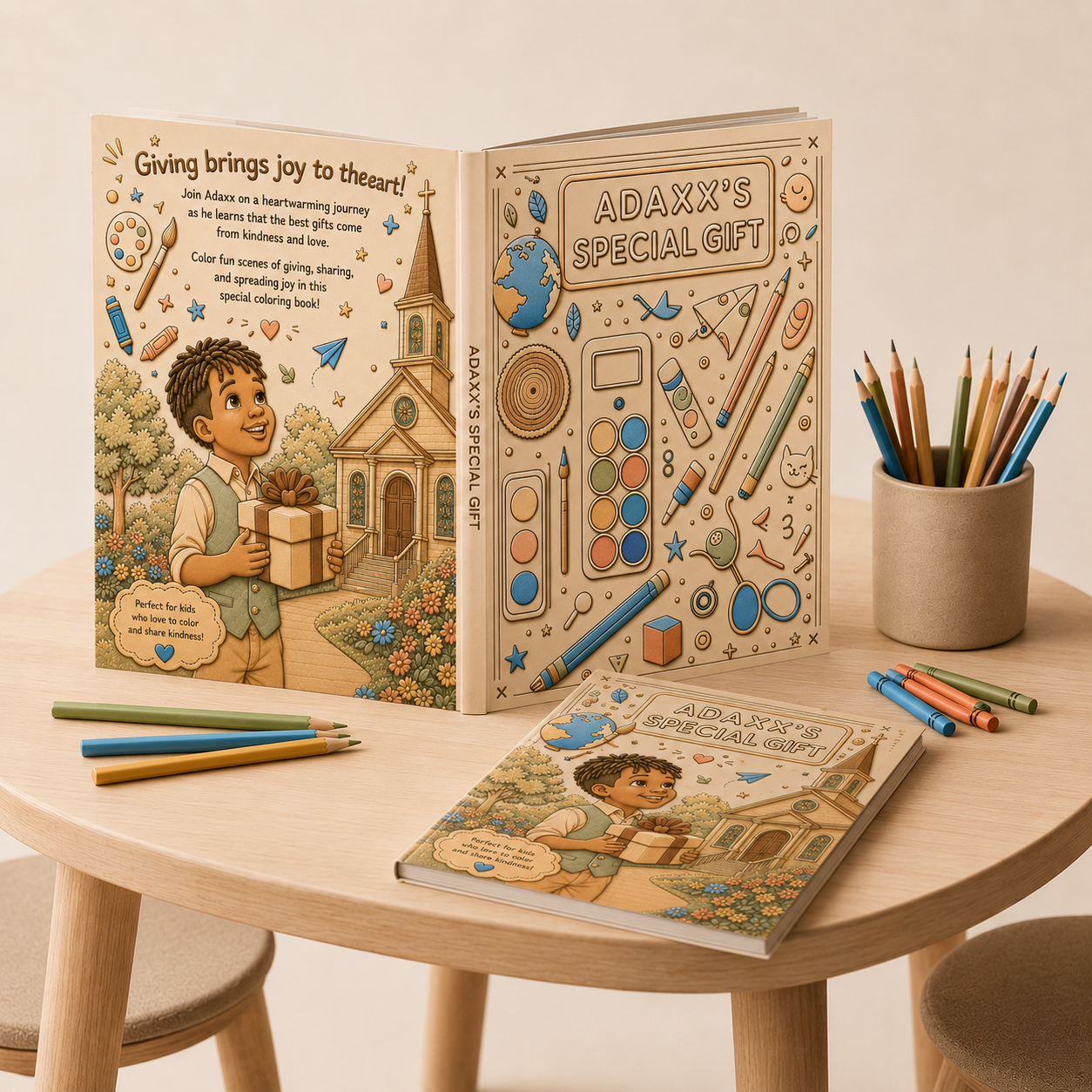 Open children's coloring book titled "ADAXX'S SPECIAL GIFT" with illustrations of a boy holding a gift in front of a church, surrounded by coloring supplies like markers and colored pencils on a wooden table, with a small ceramic container of colored pencils and a closed book of the same title.