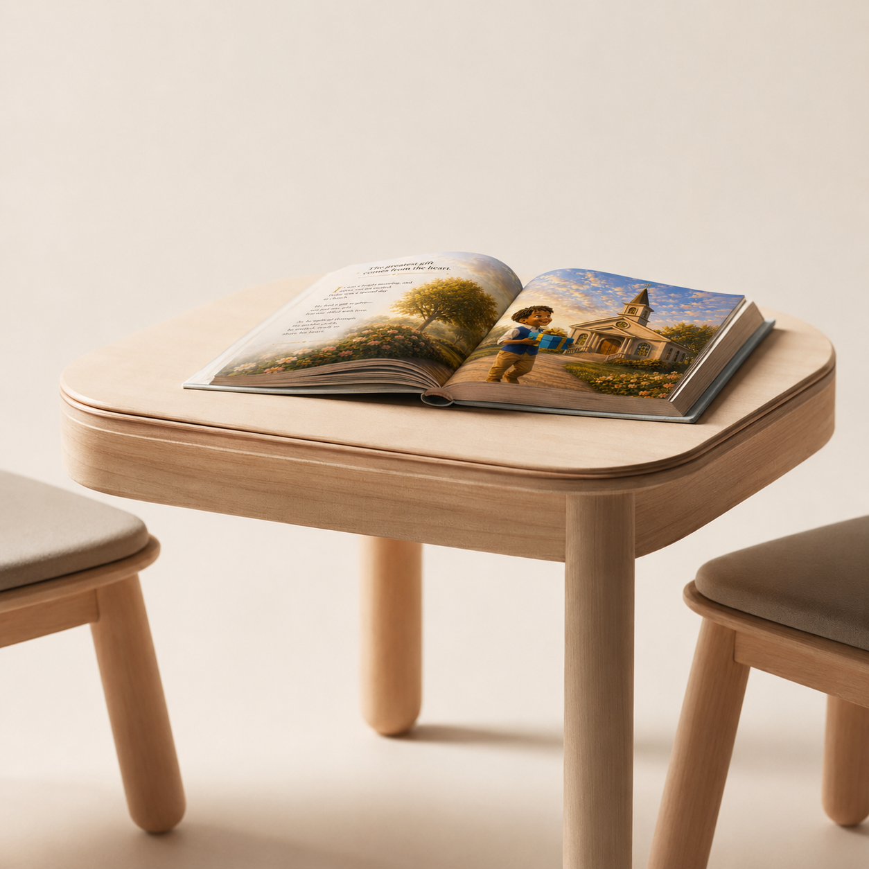 An open children's book lying on a small, light wooden table with rounded edges, with two matching wooden stools nearby, against a plain, light-colored background.