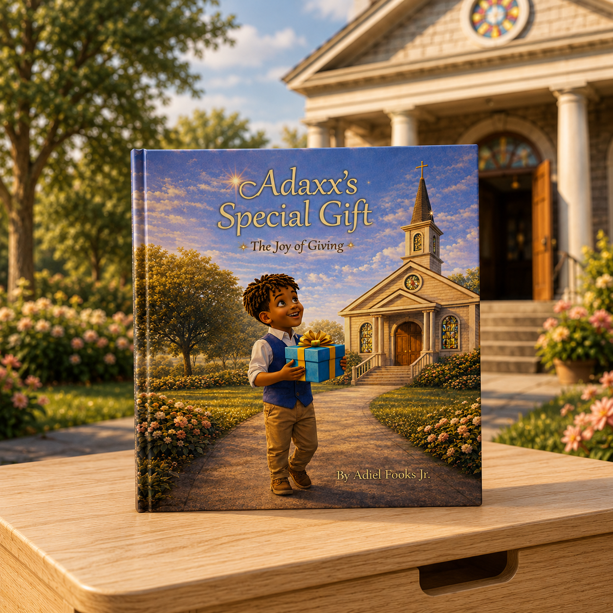 A children's book titled 'Adaxx's Special Gift: The Joy of Giving' by Adiel Fooks Jr. is placed outdoors in front of a church with trees and flowers in the background.