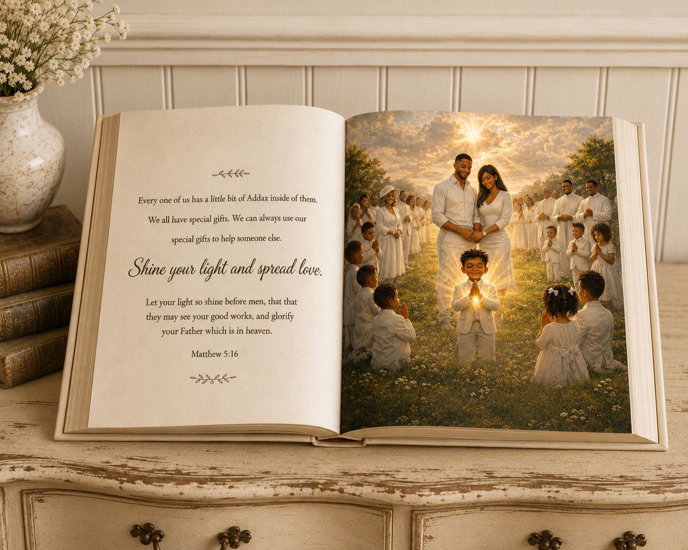 An open religious book with a scripture on the left page and a photo of a wedding ceremony on the right page. The ceremony is outdoors at sunset, with a couple holding hands in the center surrounded by children and adults dressed in white.
