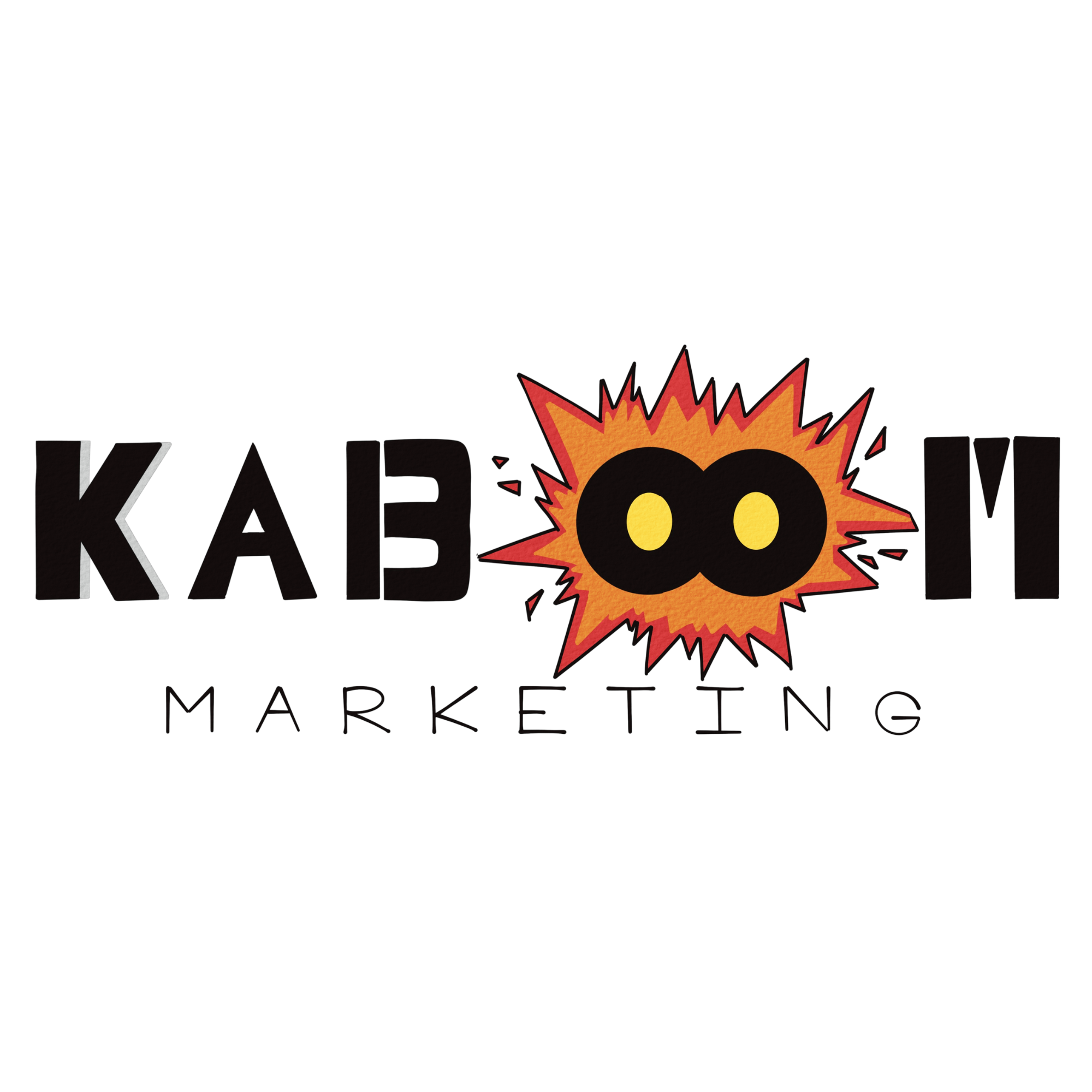 A logo for KABOOM! Marketing featuring a stylized explosion with two yellow eyes and a black face, with the word 'KABOOM!' in large black letters underneath.
