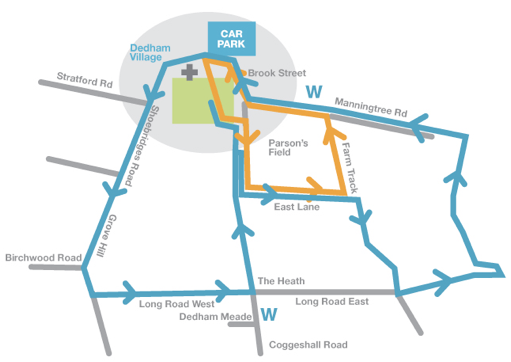 Map of a park and surrounding streets, showing parking area and paths marked in orange and blue, with street names such as Stratford Rd, Brook Street, Manningtree Rd, and others.