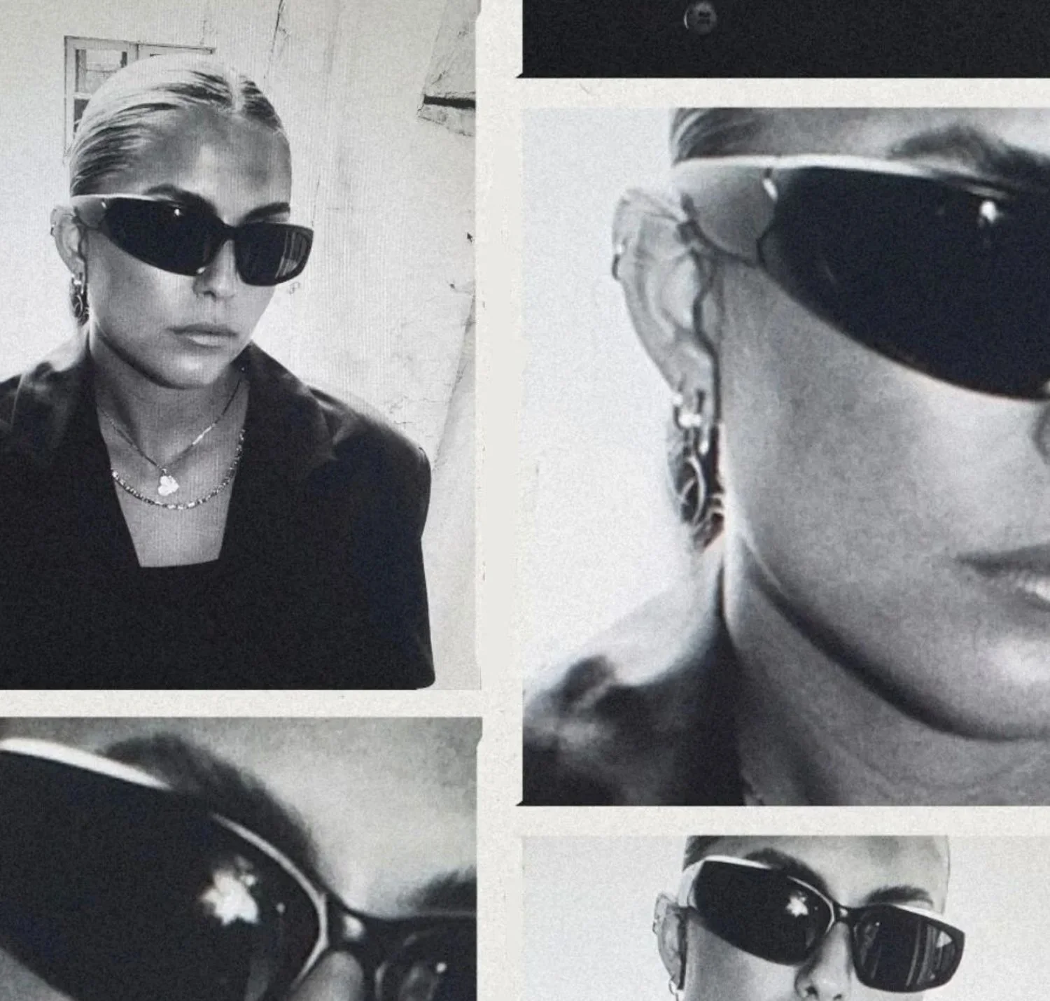 A collage of black and white photos of a woman wearing sunglasses, earrings, necklaces, and a dark top. The photos show her in different angles and close-ups.