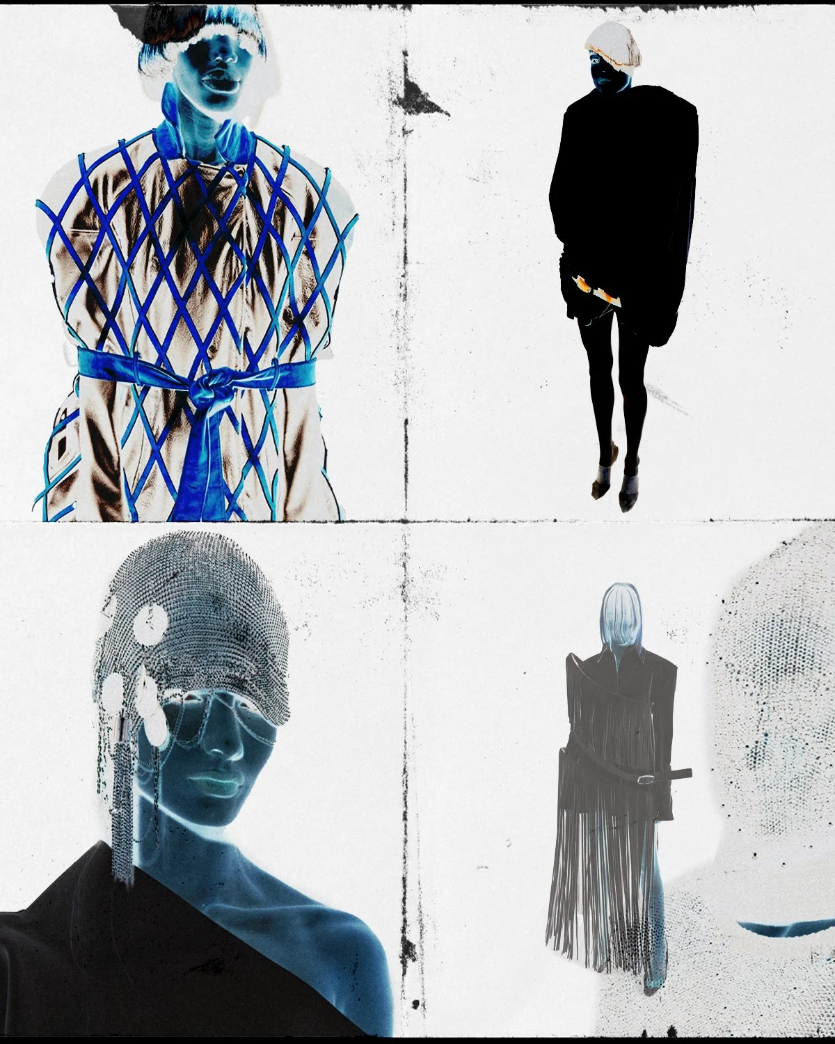 Four stylized fashion portraits in a grid, with high-contrast, inverted color effects. The top left features a woman with short hair and a blue netted garment, the top right shows a woman in black with a white hat and mask, the bottom left is an artistic portrait of a woman with long hair and earrings, and the bottom right displays a woman in a dark, fringed dress with long hair.