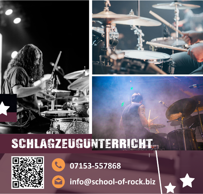 Drei Bilder von Schlagzeugspielern bei einem Unterricht oder Konzert, im schwarzen und farbigen Foto. Kontaktinformationen und Name "Schlagzeugunterricht" auf einem Flyer.