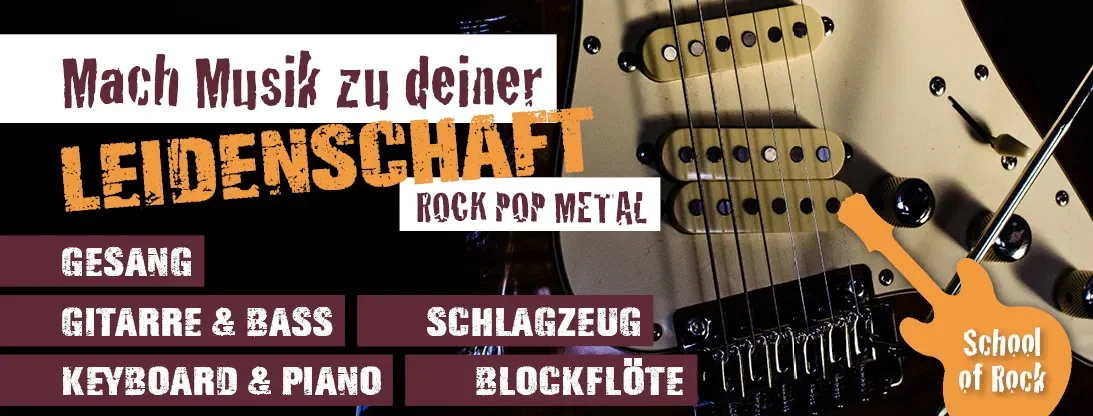 Ein Plakat mit einem E-Gitarrenbild im Hintergrund, das für einen Musikunterricht wirbt, mit Texten zu verschiedenen Musikstilen und Instrumenten auf Deutsch.