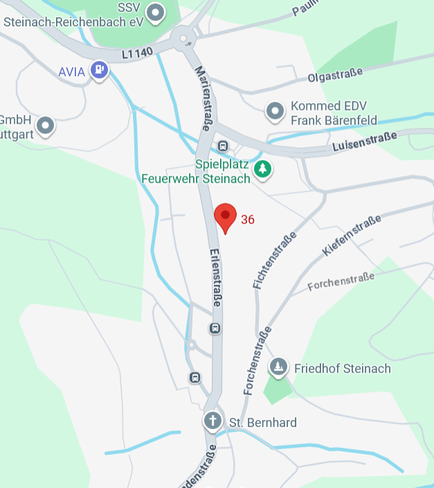 Karte mit Straßen, Parks und Einrichtungen wie Feuerwehr, Friedhof und St. Bernhard in Steinach.