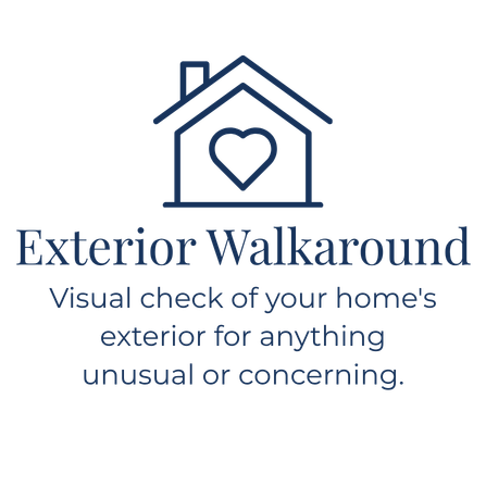 A logo with a house outline and a heart inside, with text that reads 'Exterior Walkaround' and a subtitle 'Visual check of your home's exterior for anything unusual or concerning.'