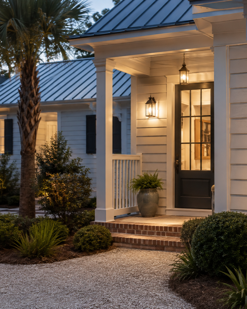 Exterior view of a house with Home Watch in South Carolina Myrtle Beach with a porch, illuminated by warm lights, featuring a black door with glass panes, landscaped plants, and a brick pathway at dusk.