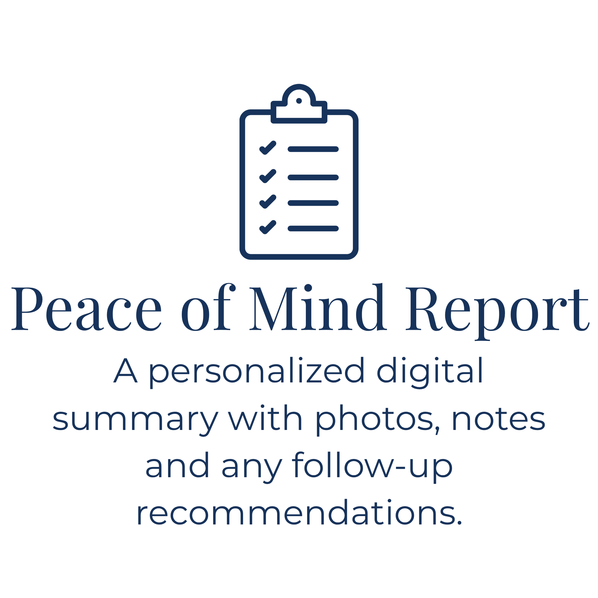 An infographic with a dark background, features a clipboard icon with checkmarks and text about a peace of mind report, personalized digital summaries, photos, notes, and follow-up.