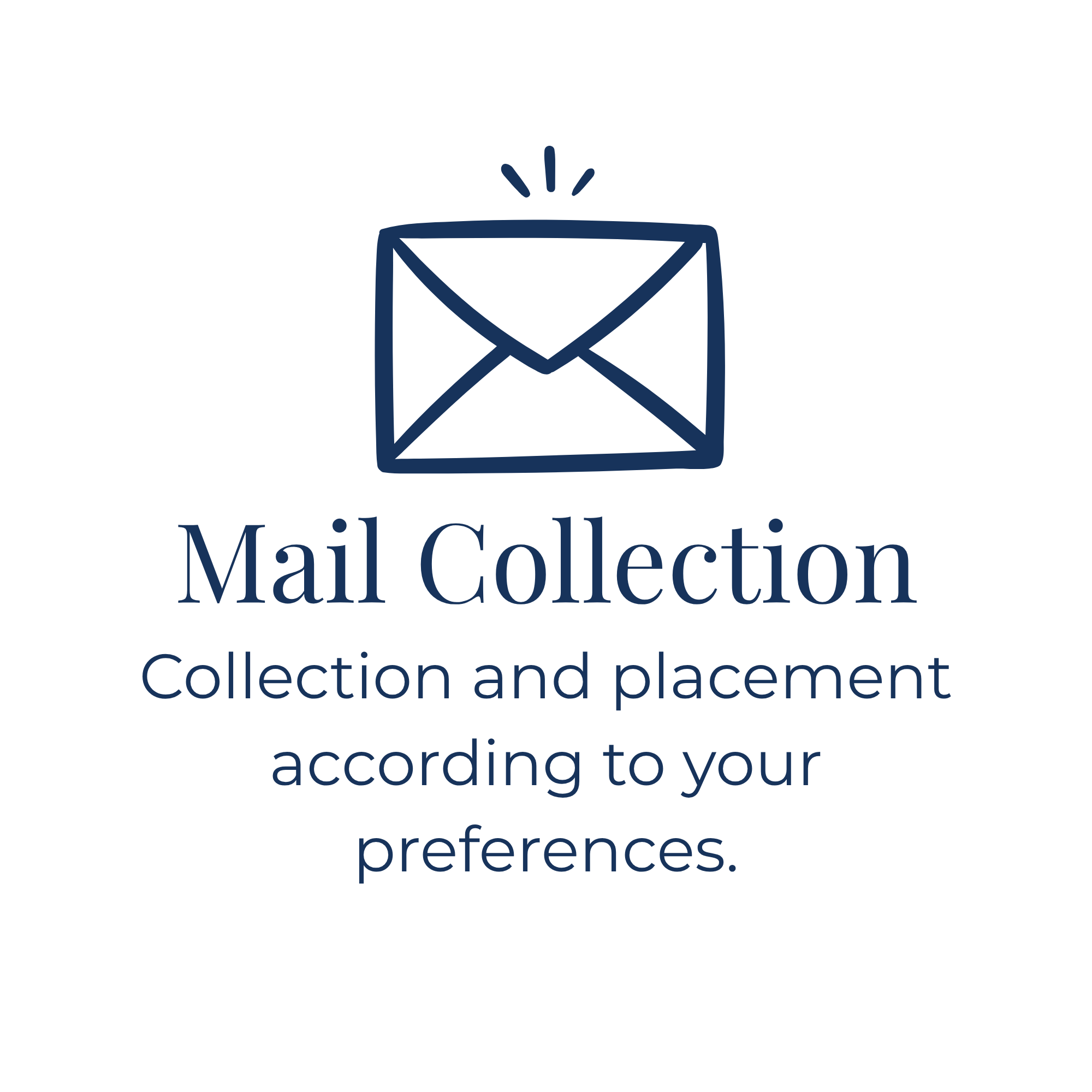An illustration of a closed envelope with lines indicating it is ready to send, with text below stating, "Mail Collection" and "Collection and placement according to your preferences."