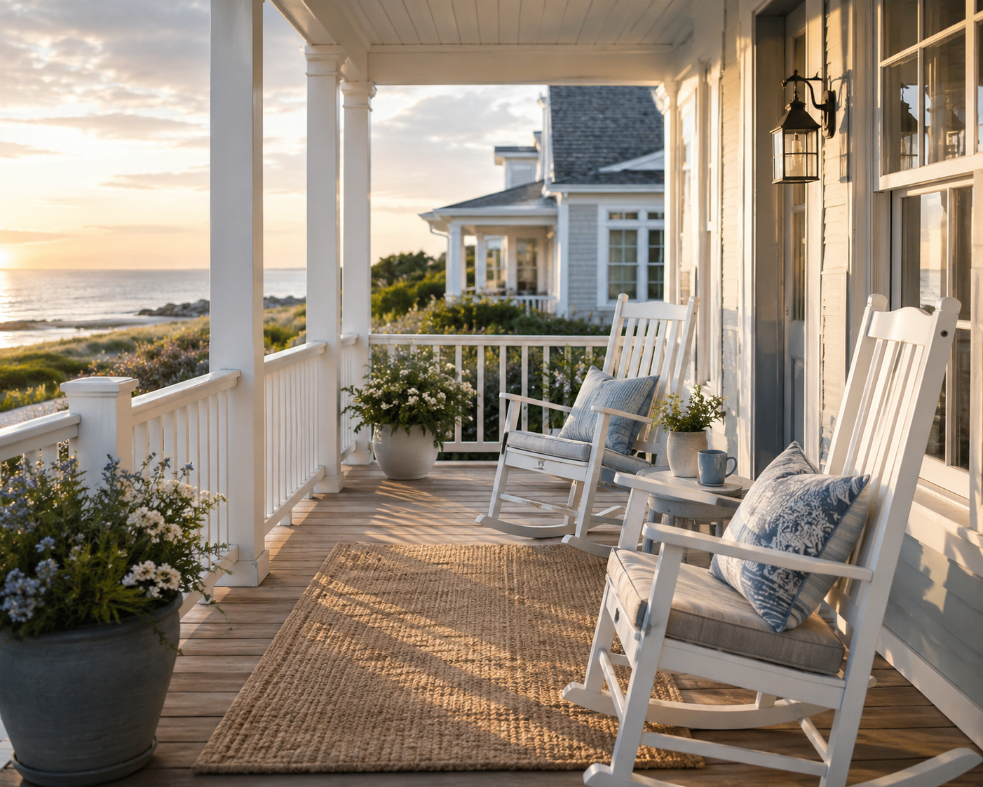 A cozy balcony with white rocking chairs, potted flowers, and a view of the ocean during sunset.