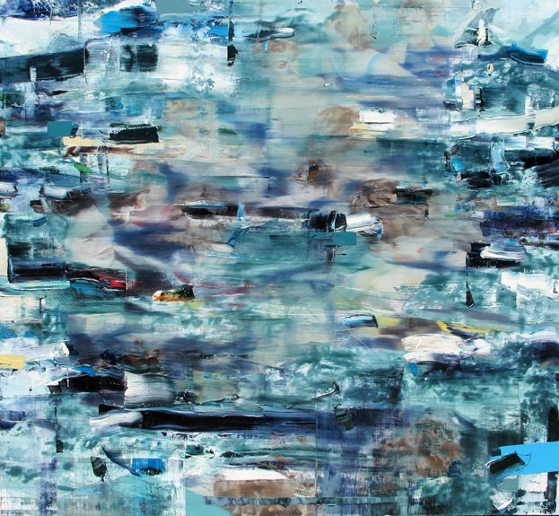 Abstract painting with various shades of blue, teal, gray, and hints of other colors with thick, textured brushstrokes.