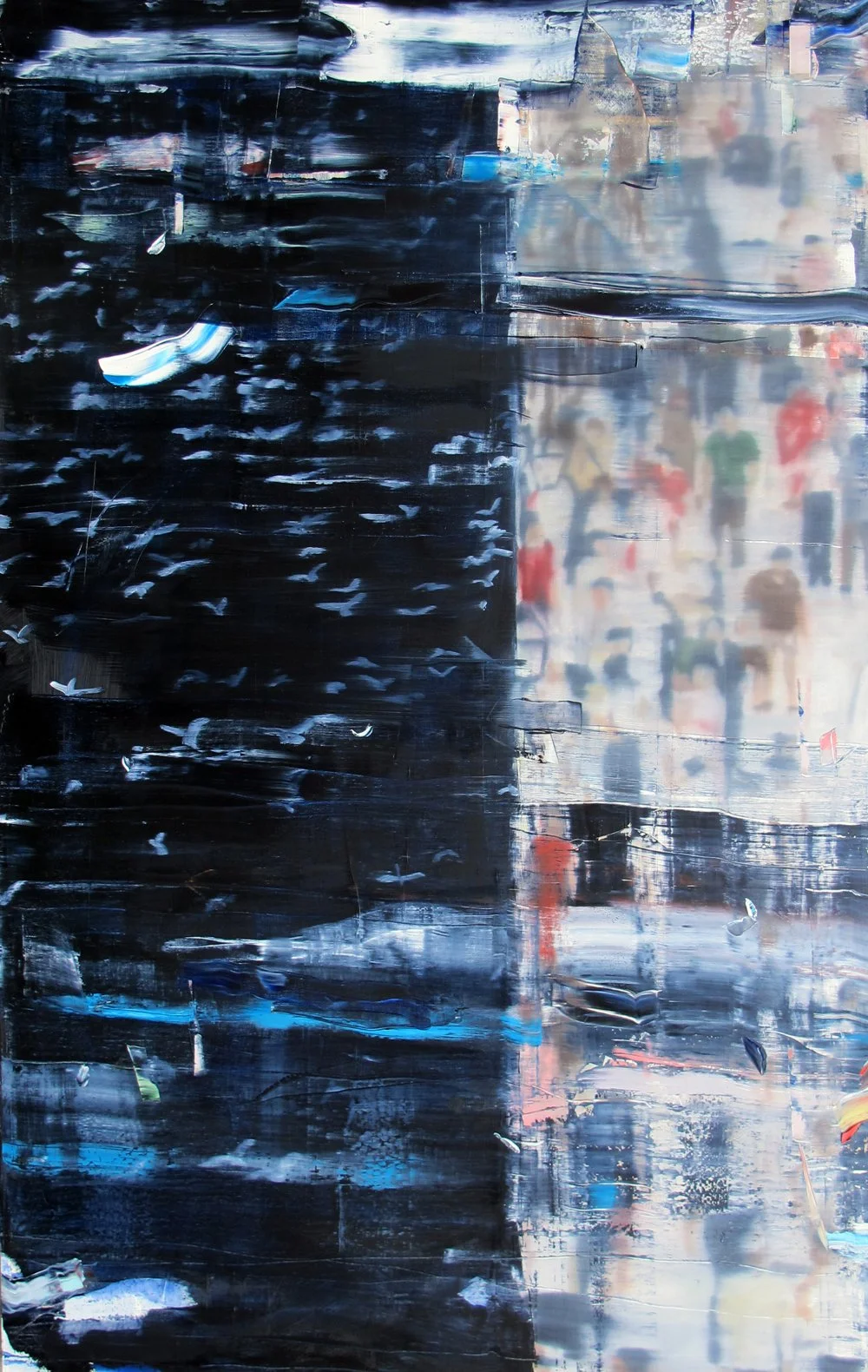 An abstract painting with black and blue strokes on the left and a blurred reflection of people walking on a street on the right.