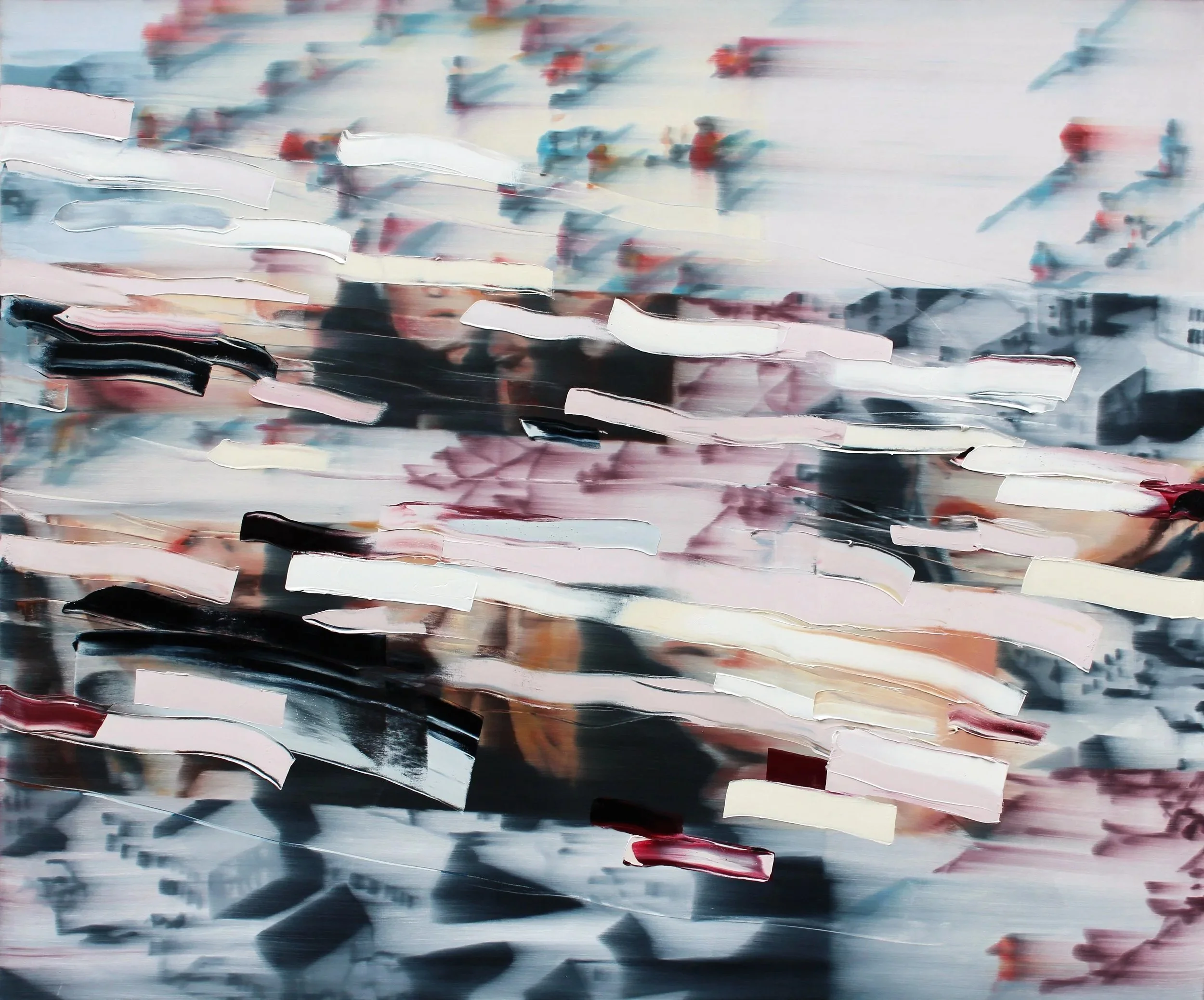 Abstract painting featuring horizontal brushstrokes in shades of black, white, red, blue, and gray.