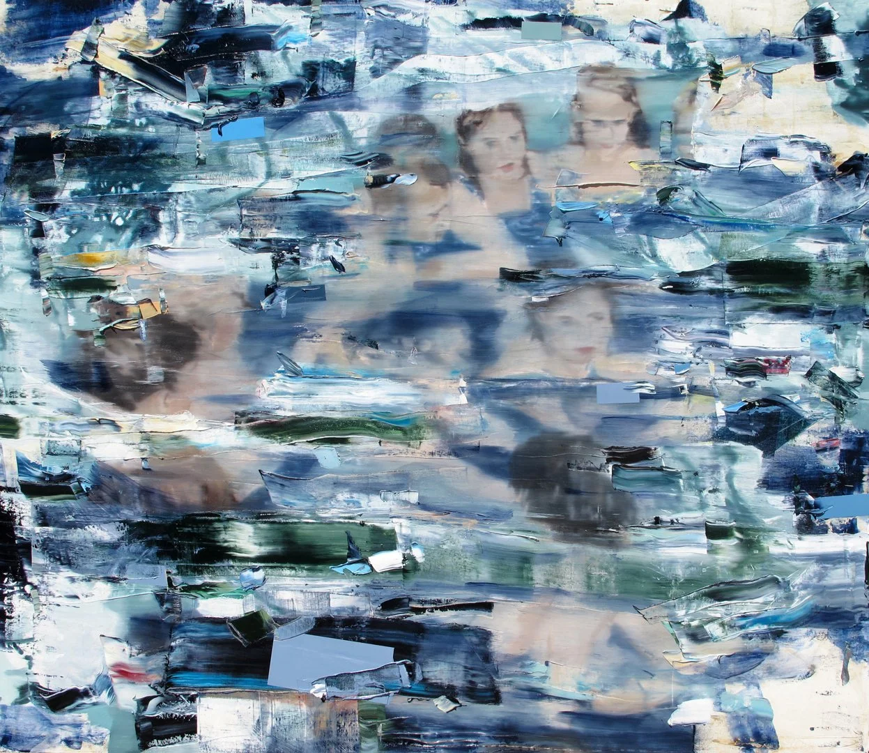 An abstract painting with thick, textured brushstrokes in shades of blue, white, and black. There are two very blurred faces in the background, which appear to be women.
