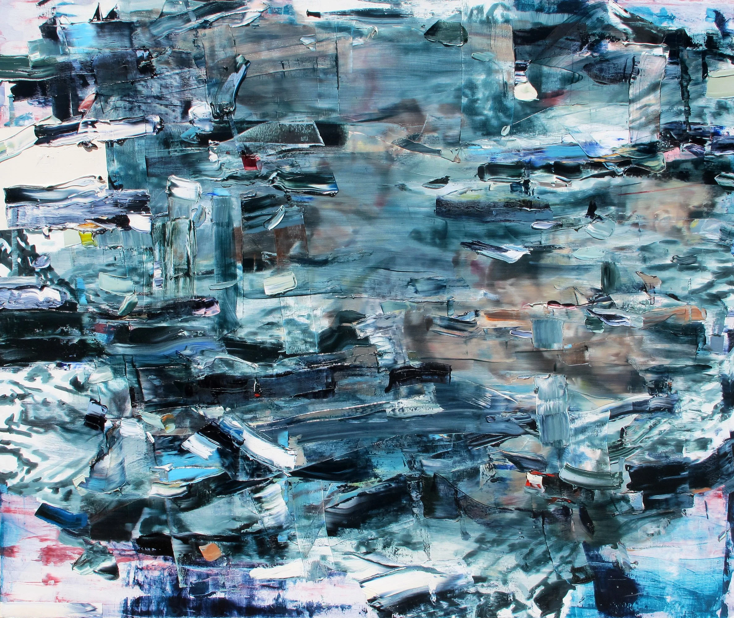 An abstract painting with thick, horizontal brushstrokes in shades of blue, black, white, and hints of red and yellow.