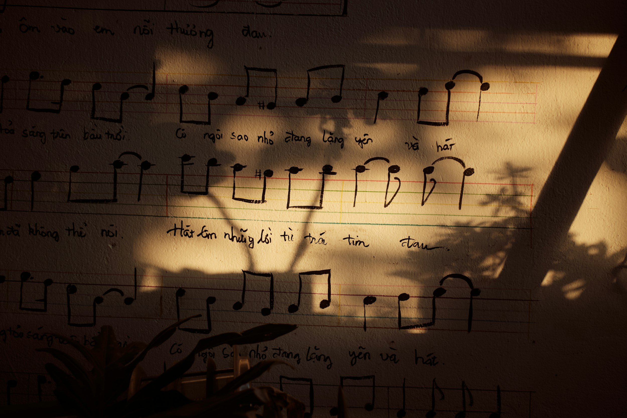 Sheet of handwritten music notes and lyrics on lined paper, partially obscured by shadows and plant leaves in warm lighting.