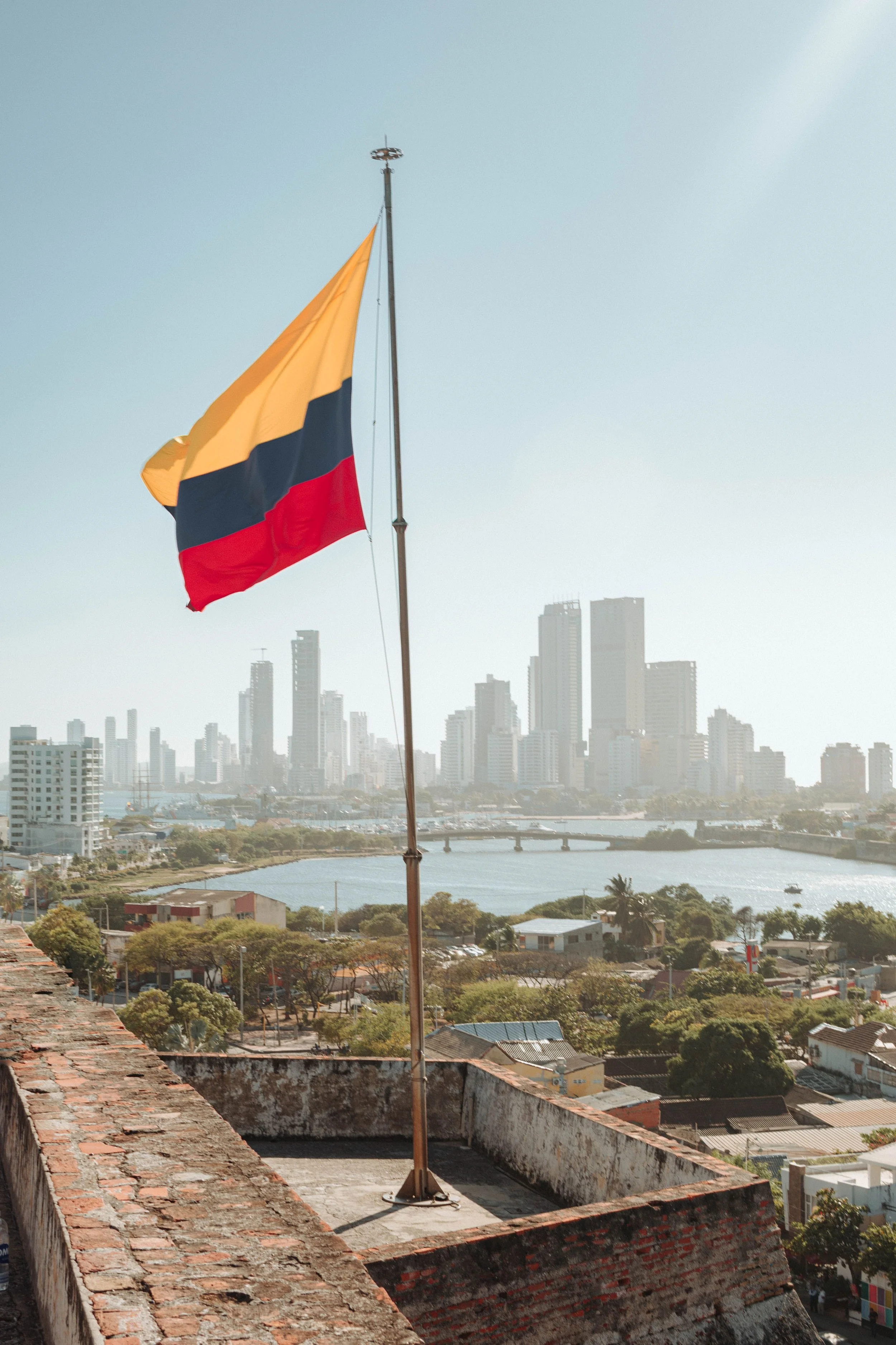 The image shows a flagpole with a yellow, black, and red flag, set against a city skyline with tall buildings, a river, and a bridge in the background. The foreground includes rooftops and trees.