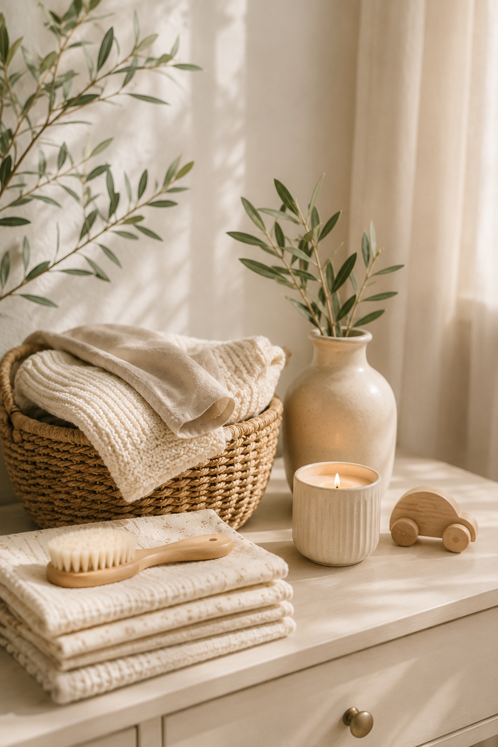 A cozy, neutral-toned scene with folded towels in a basket, a wooden brush, a lit candle, a small wooden toy, a vase with green leaves, and sunlight streaming through a curtain.