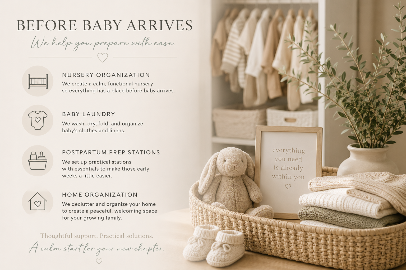 A nursery organization guide displayed on a wall next to a cozy setup with a plush bunny, folded blankets, a framed quote, a basket, and a potted plant.