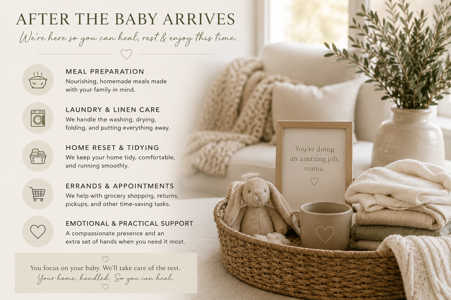 Baby care and household support services flyer with text and icons on the left and a cozy nursery scene with a plush bunny, a framed quote, a mug, and neatly folded blankets beside a large potted plant on the right.