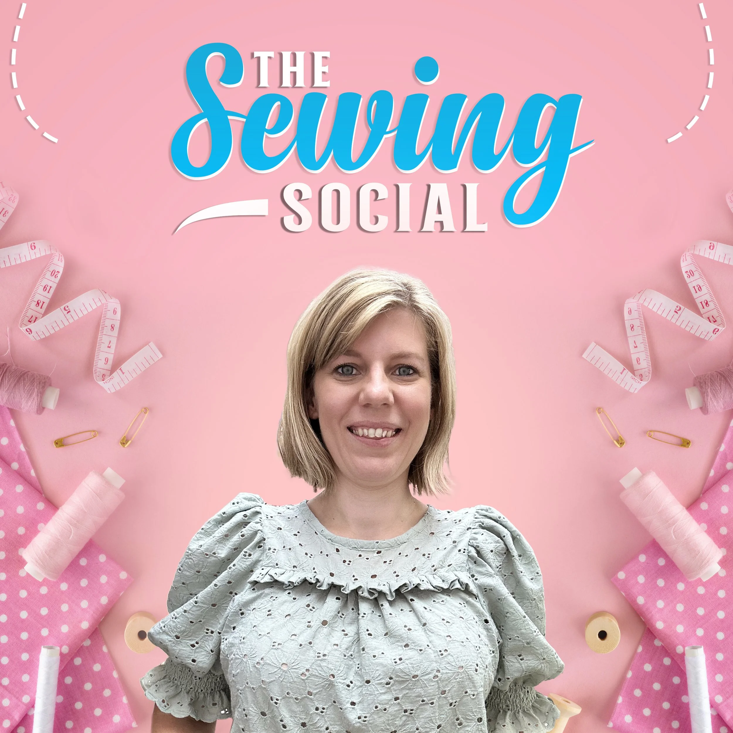 Woman smiling with pink background surrounded by sewing materials including pink polka-dot fabric, pink measuring tape, yellow safety pins, and wooden buttons.