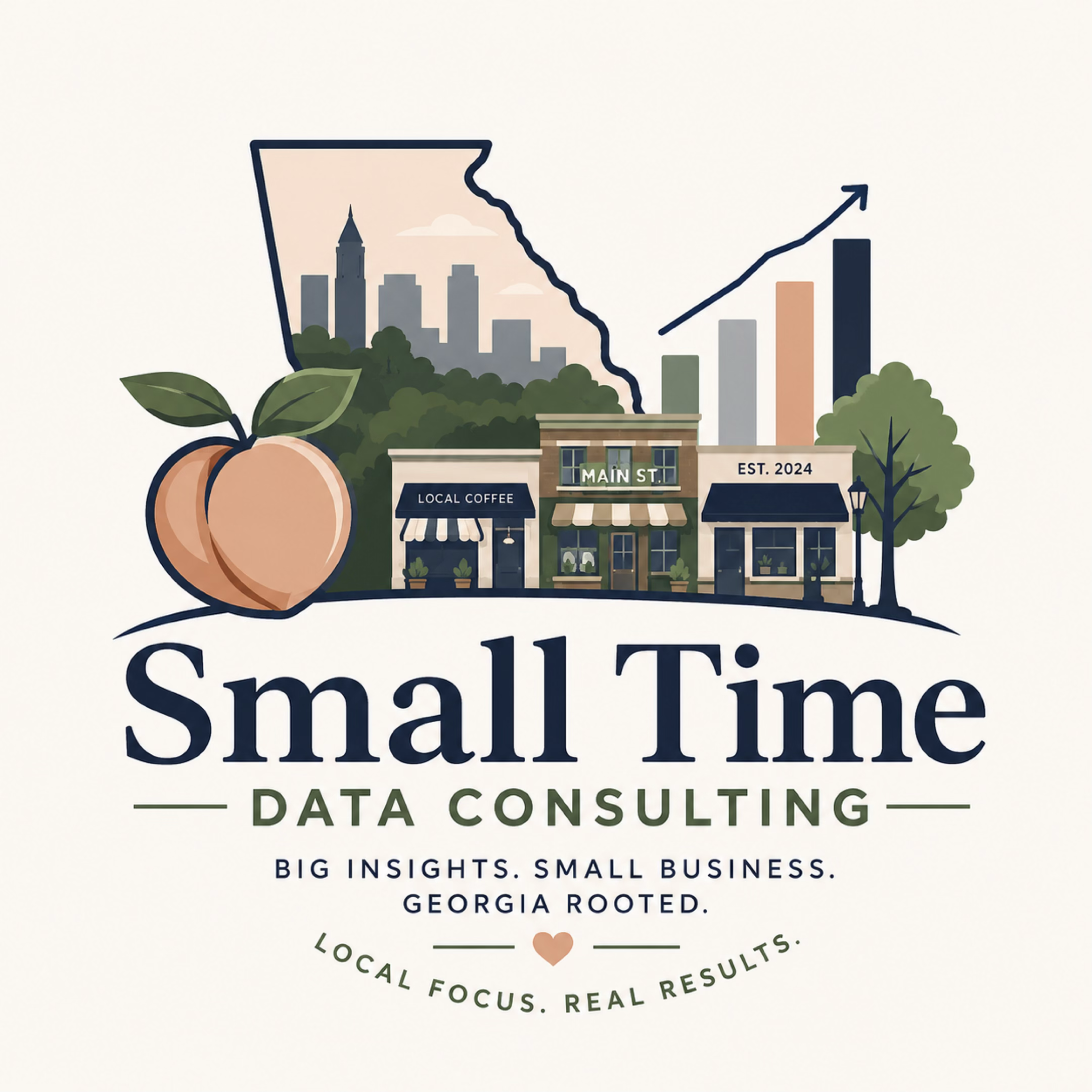 Graphic design promoting a data consulting business called Small Time, with cityscape, trees, a pumpkin, and bar chart with an upward arrow.