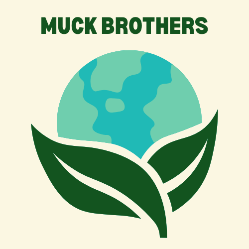 Logo with a stylized earth and green leaves, with the text "Muck Brothers" at the top.
