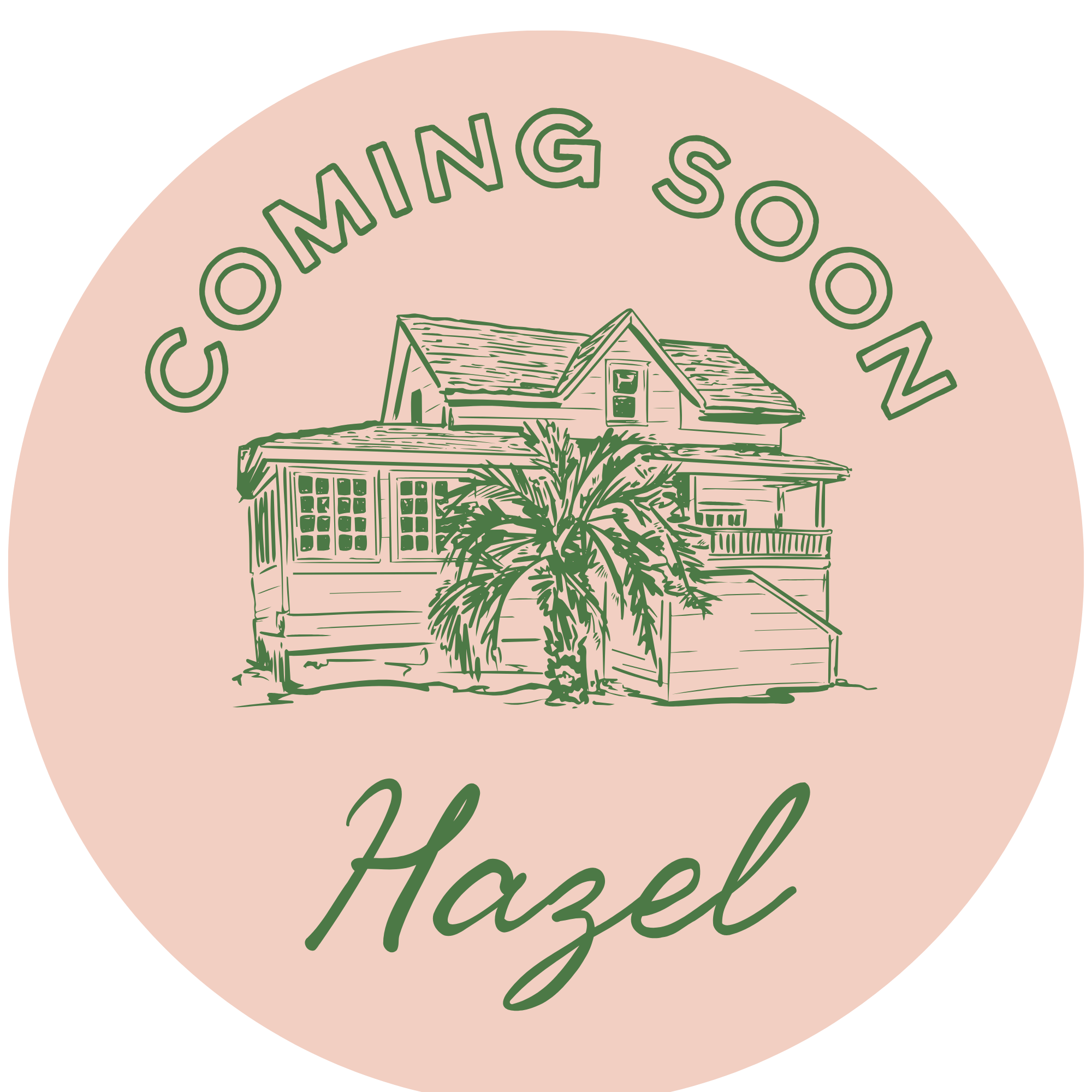 Illustration of a house with a porch, trees, and a sunny yard, surrounded by the words "Coming Soon" and "Thankful" on a pink circular background.