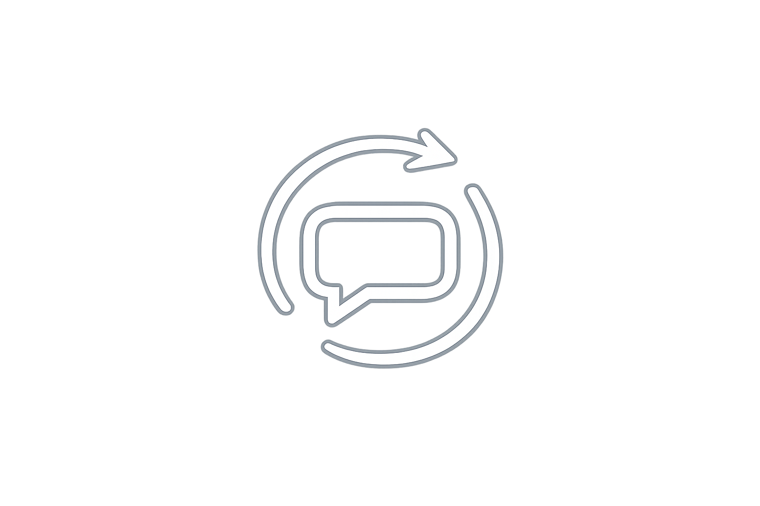 A large speech bubble with a reload or refresh arrow circling around it, set against a colorful, glitchy digital background.