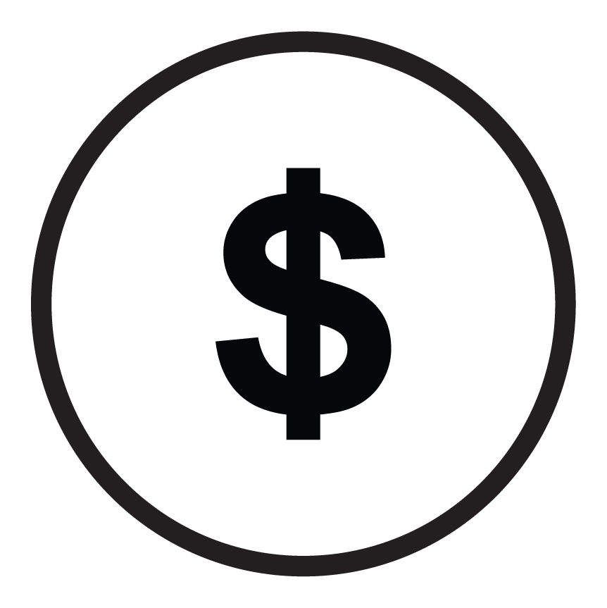 Black circle with a dollar sign in the center, symbolizing savings.