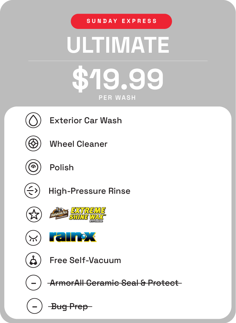 Car wash menu for Sunday Express Ultimate car wash for $19.99, including exterior car wash, wheel cleaner, polish, high-pressure rinse, and premium wax, with options for free self-vacuum, but no armor all ceramic seal and protect or bug prep.