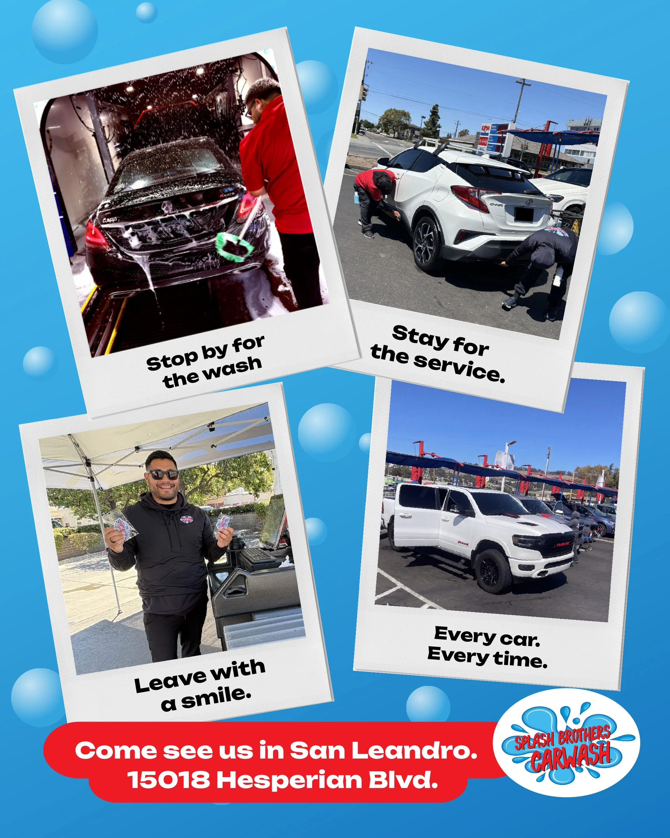 Various photos of carwash employees working.