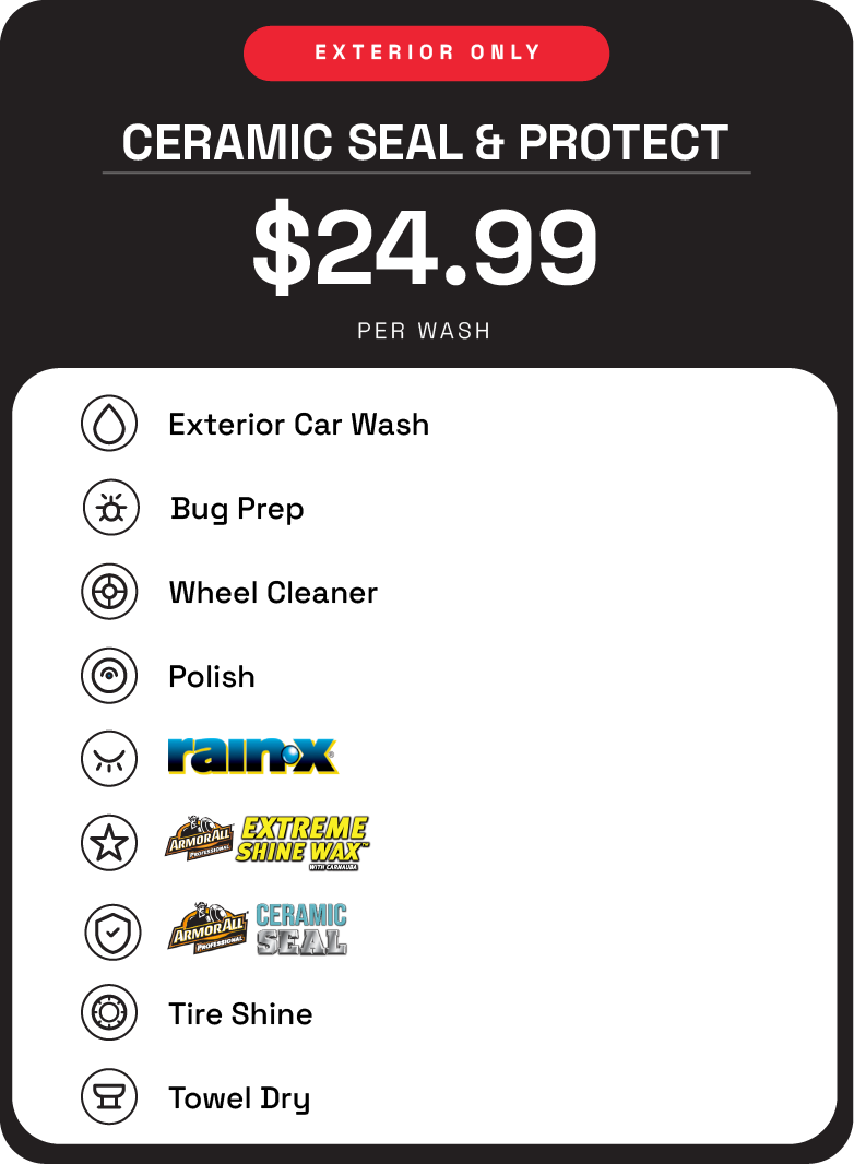 Sign advertising exterior car wash and detailing services for $24.99 per wash, including options like bug prep, wheel cleaner, polish, rain X, extreme shine wax, ceramic seal, tire shine, and towel dry.