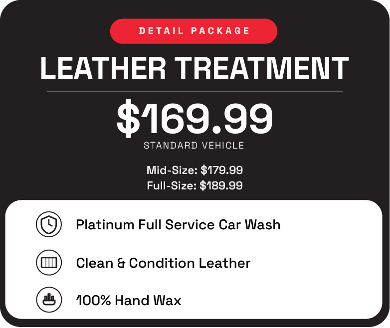 Details of a leather treatment service package for vehicles, priced at $169.99 for standard size, with options for mid-size and full-size cars, including services like car wash, leather cleaning, and hand waxing.