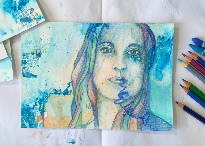 Mixed medai self portrait on watercolour paper