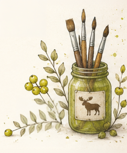 A jar holding paintbrushes surrounded by green leaves and berries.