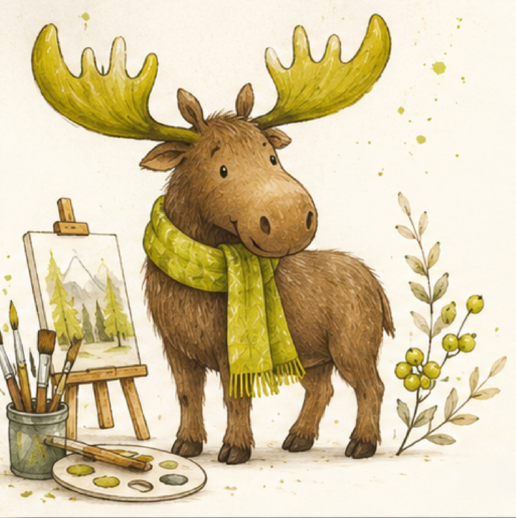 Illustration of a moose with large green antlers, wearing a yellow scarf, surrounded by artistic tools and plants, in watercolor style.