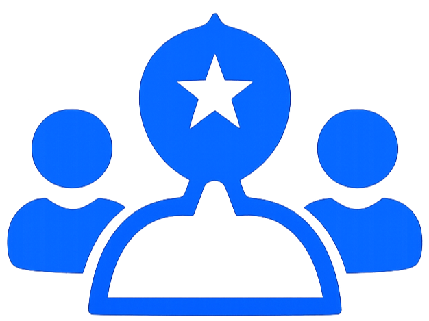 Icon of three people with a shield and a star above them, representing teamwork or achievement.