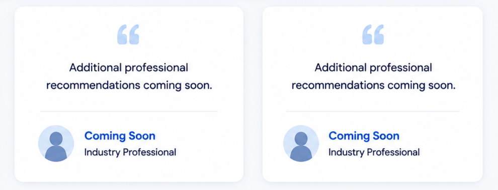Two identical placeholder cards with the text 'Additional professional recommendations coming soon.' and 'Coming Soon Industry Professional' with a generic user icon, on a light background.