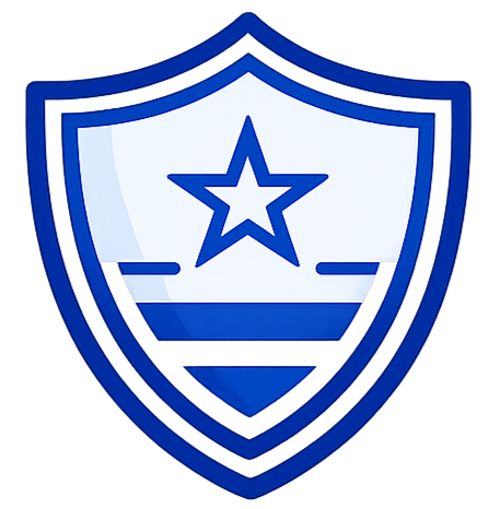 A blue and white shield emblem with a star in the center and two horizontal lines underneath, resembling an insignia or emblem of protection or security.