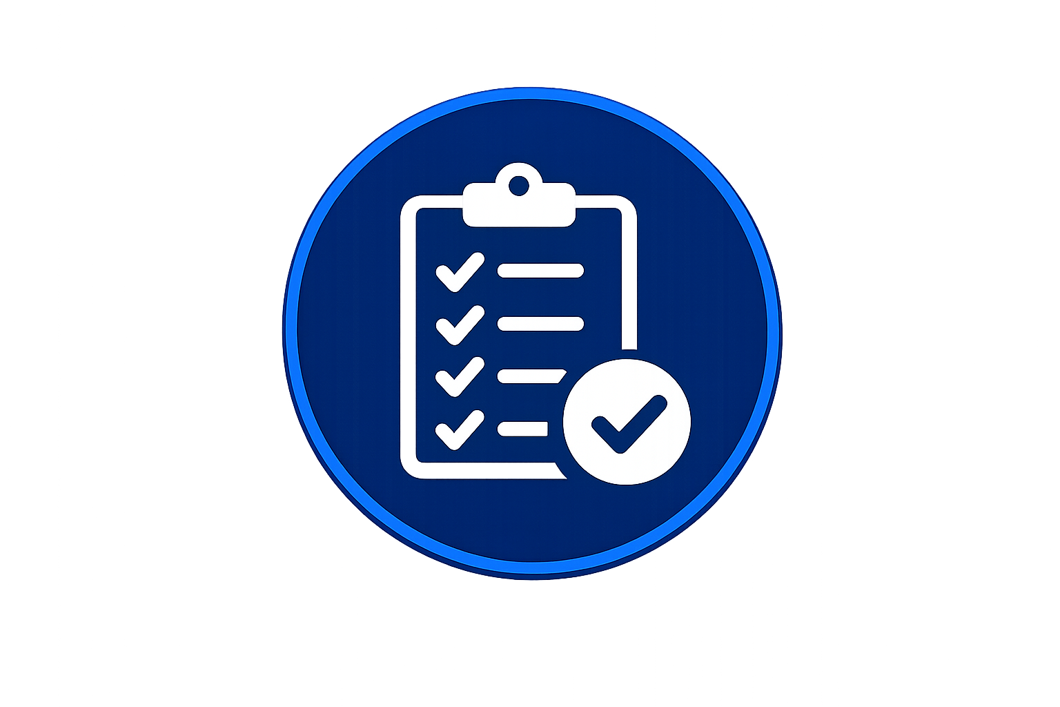 A blue circular icon with a checklist and clipboard symbol, featuring five checkmarks and a large checkmark in a circle, indicating completion or confirmation.