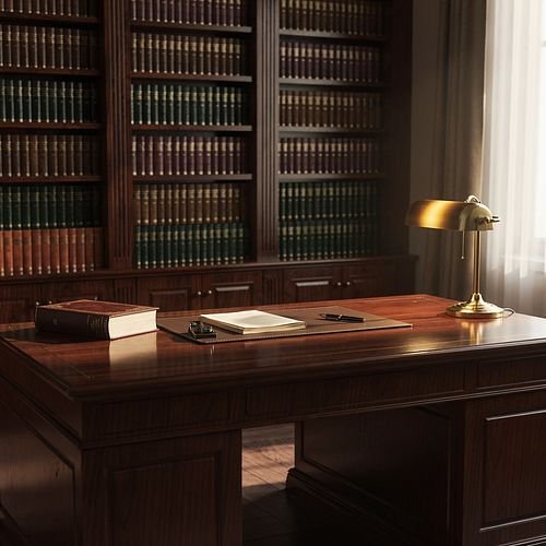 A wooden desk with a brass lamp, a closed book, an open book, and a pen, in front of a large bookshelf filled with leather-bound books, near a window with curtains.