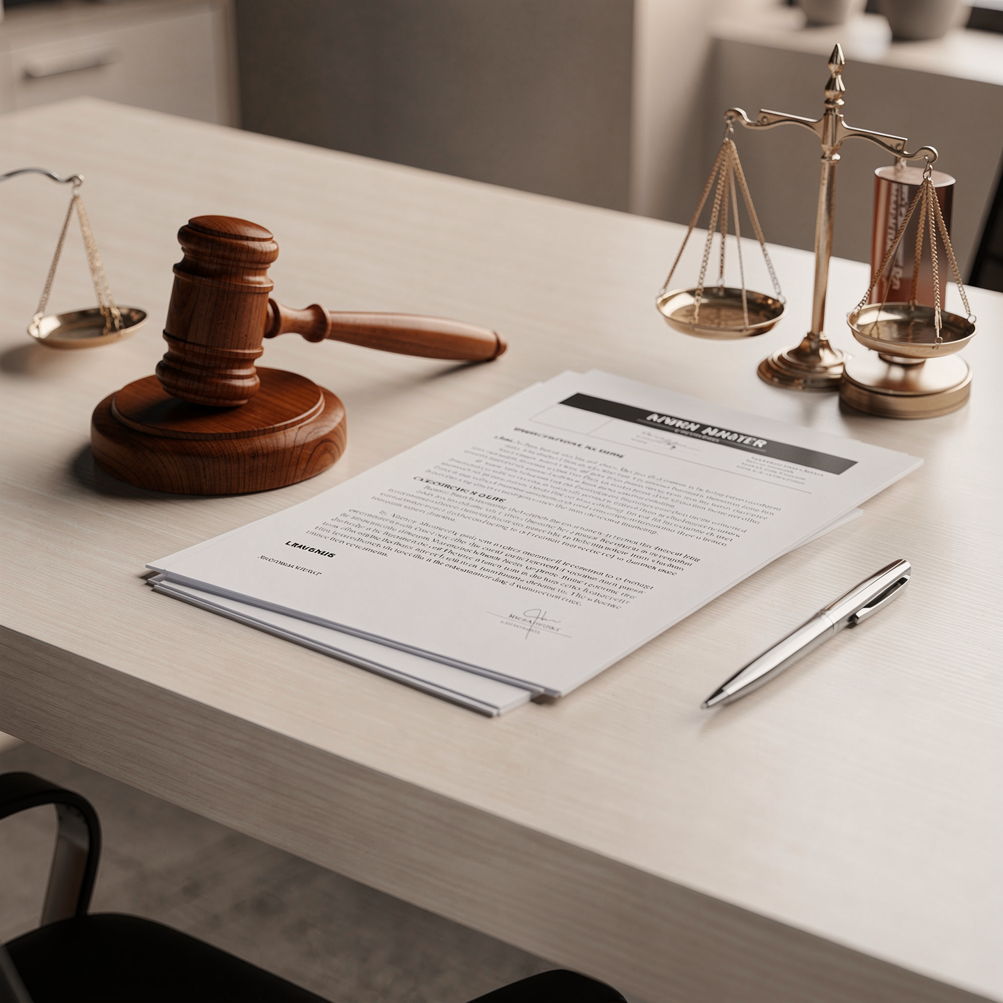 Legal documents, a gavel, and scales of justice on a light-colored table in a law office or courtroom.